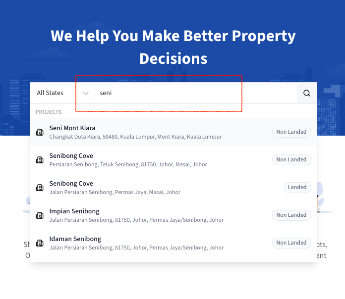 Search for a project or township on Brickz